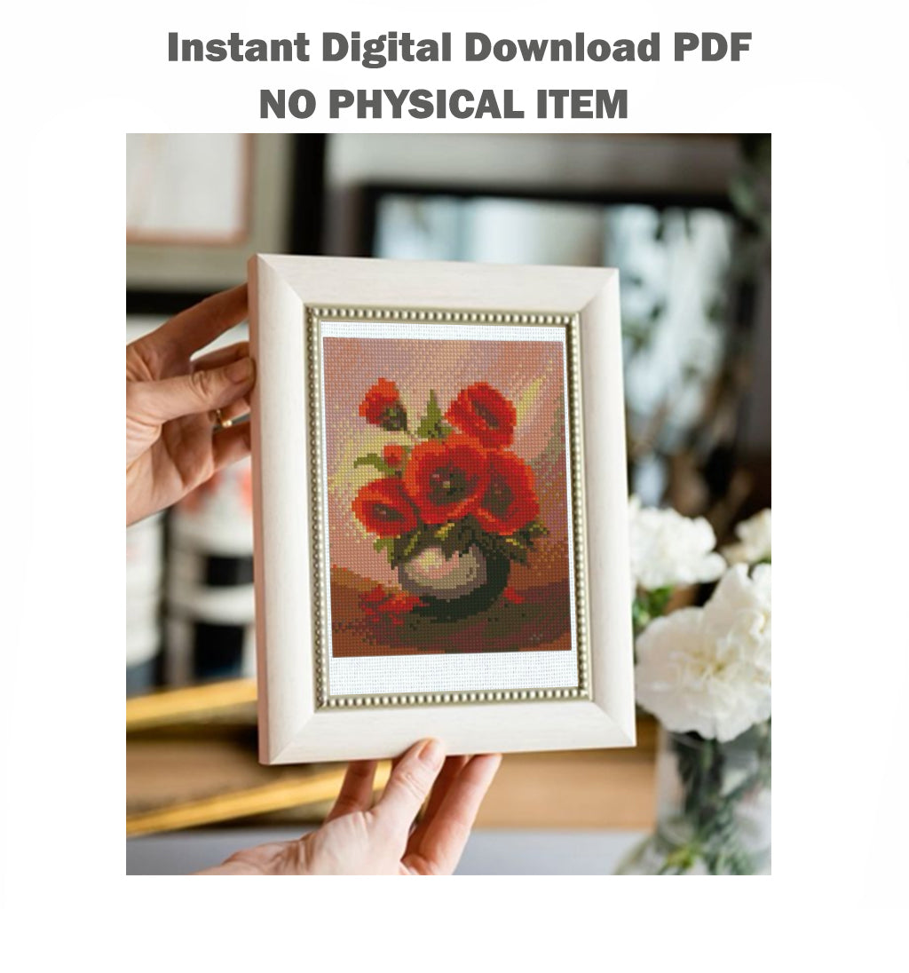 Mini Red Poppy Cross Stitch Pattern PDF, Poppy Flower Embroidery Design, Small Floral Cross Stitch Chart, Modern Botanical Needlepoint, Instant Download