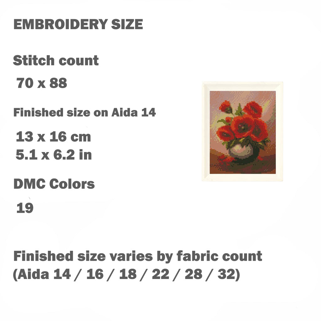 Mini Red Poppy Cross Stitch Pattern PDF, Poppy Flower Embroidery Design, Small Floral Cross Stitch Chart, Modern Botanical Needlepoint, Instant Download