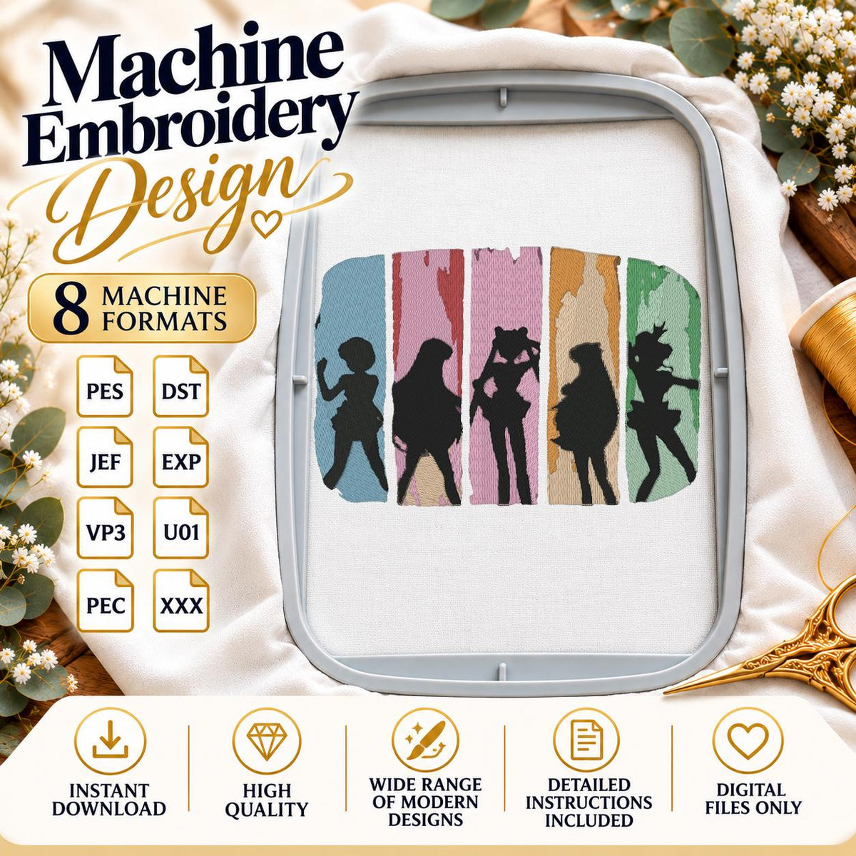 90s Anime Girls Machine Embroidery Design, Retro Magical Girl Silhouettes, Vintage Cartoon Nostalgia PES DST JEF, Instant Download - NuttyHappyHobby