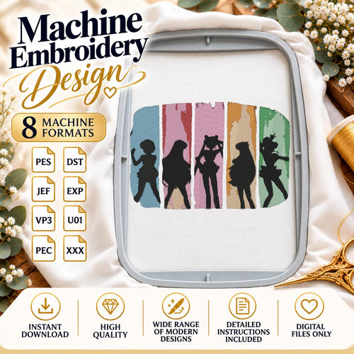 90s Anime Girls Machine Embroidery Design, Retro Magical Girl Silhouettes, Vintage Cartoon Nostalgia PES DST JEF, Instant Download - NuttyHappyHobby