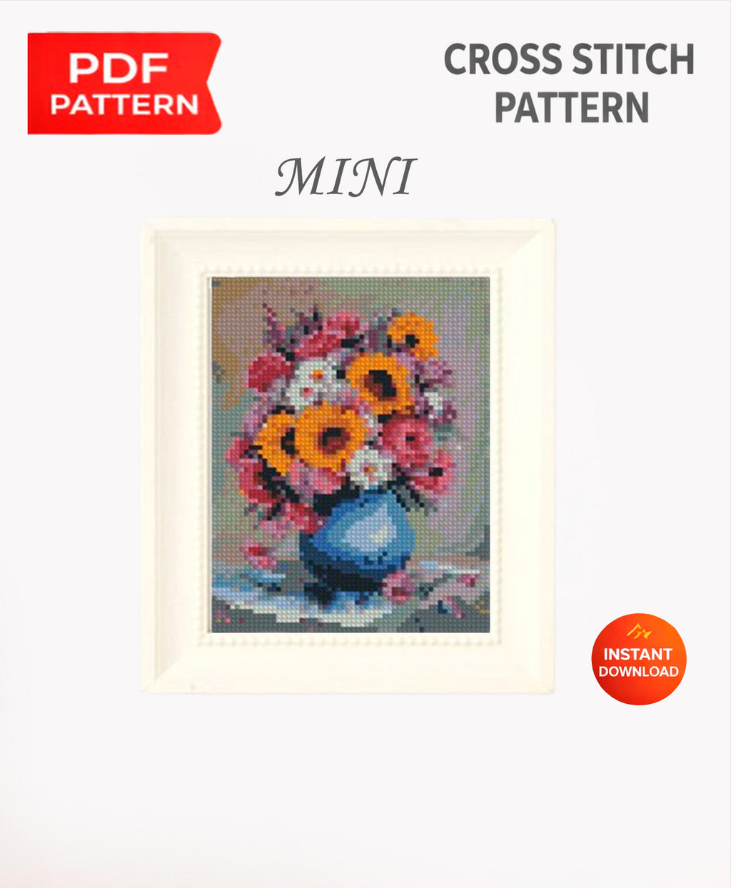 Mini Floral Bouquet Cross Stitch Pattern PDF, Flower Vase Embroidery Design, Small Flower Cross Stitch Chart, Modern Botanical Needlepoint, Instant Download