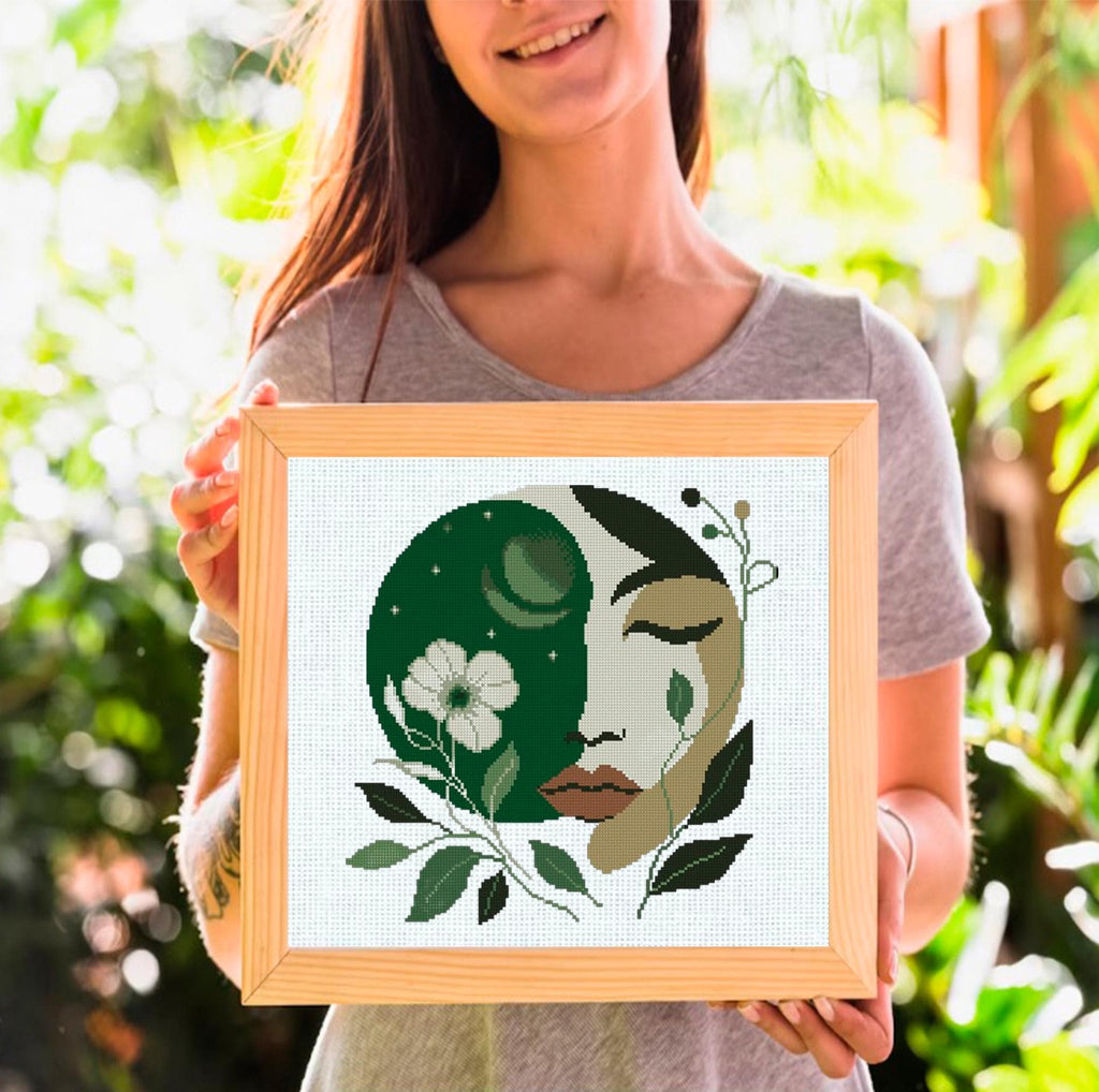 Abstract Woman Cross Stitch Pattern PDF, Botanical Face Embroidery Pattern, Boho Modern Cross Stitch, Line Art Woman, download patterns pdf - NuttyHappyHobby