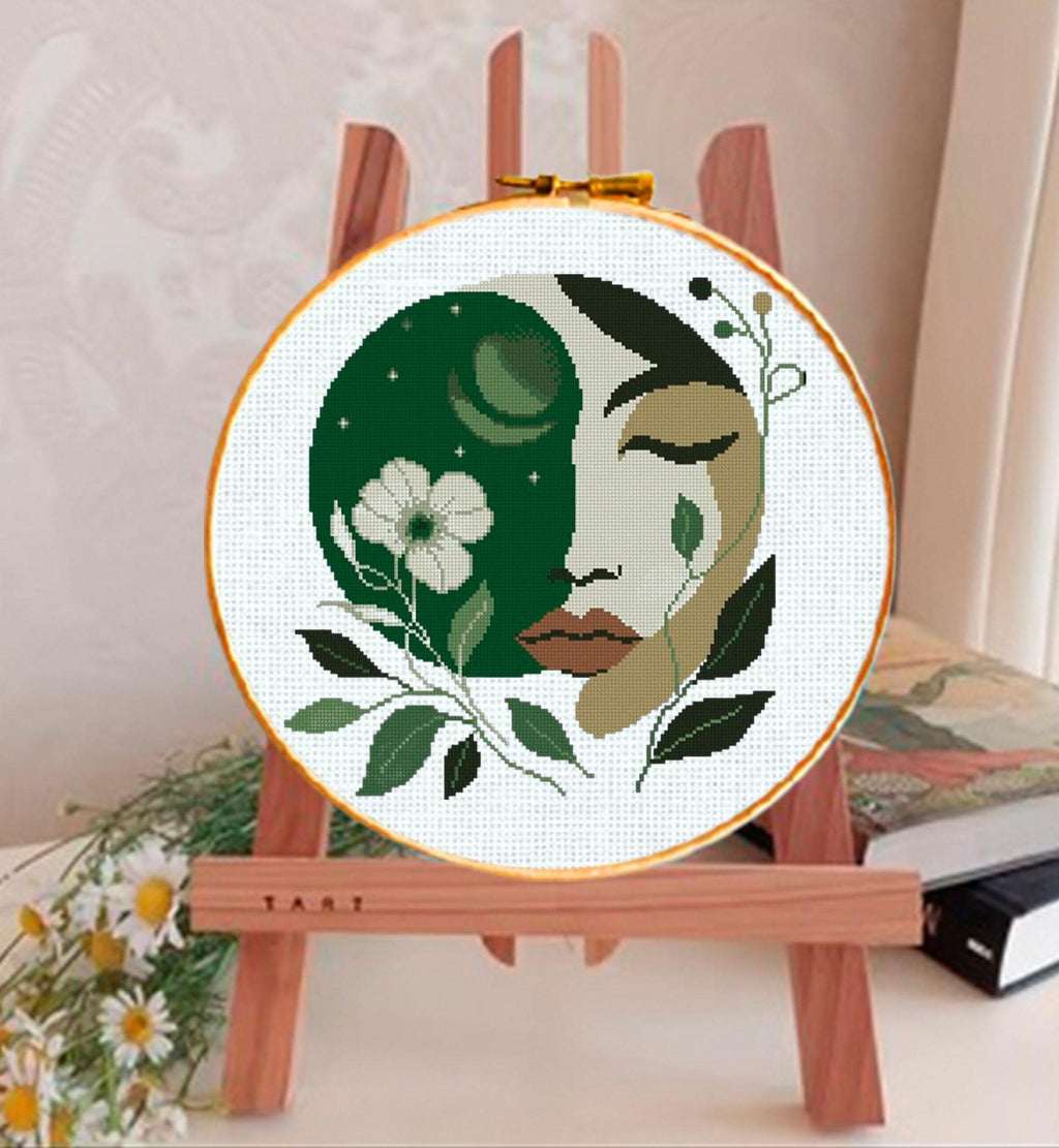 Abstract Woman Cross Stitch Pattern PDF, Botanical Face Embroidery Pattern, Boho Modern Cross Stitch, Line Art Woman, download patterns pdf - NuttyHappyHobby