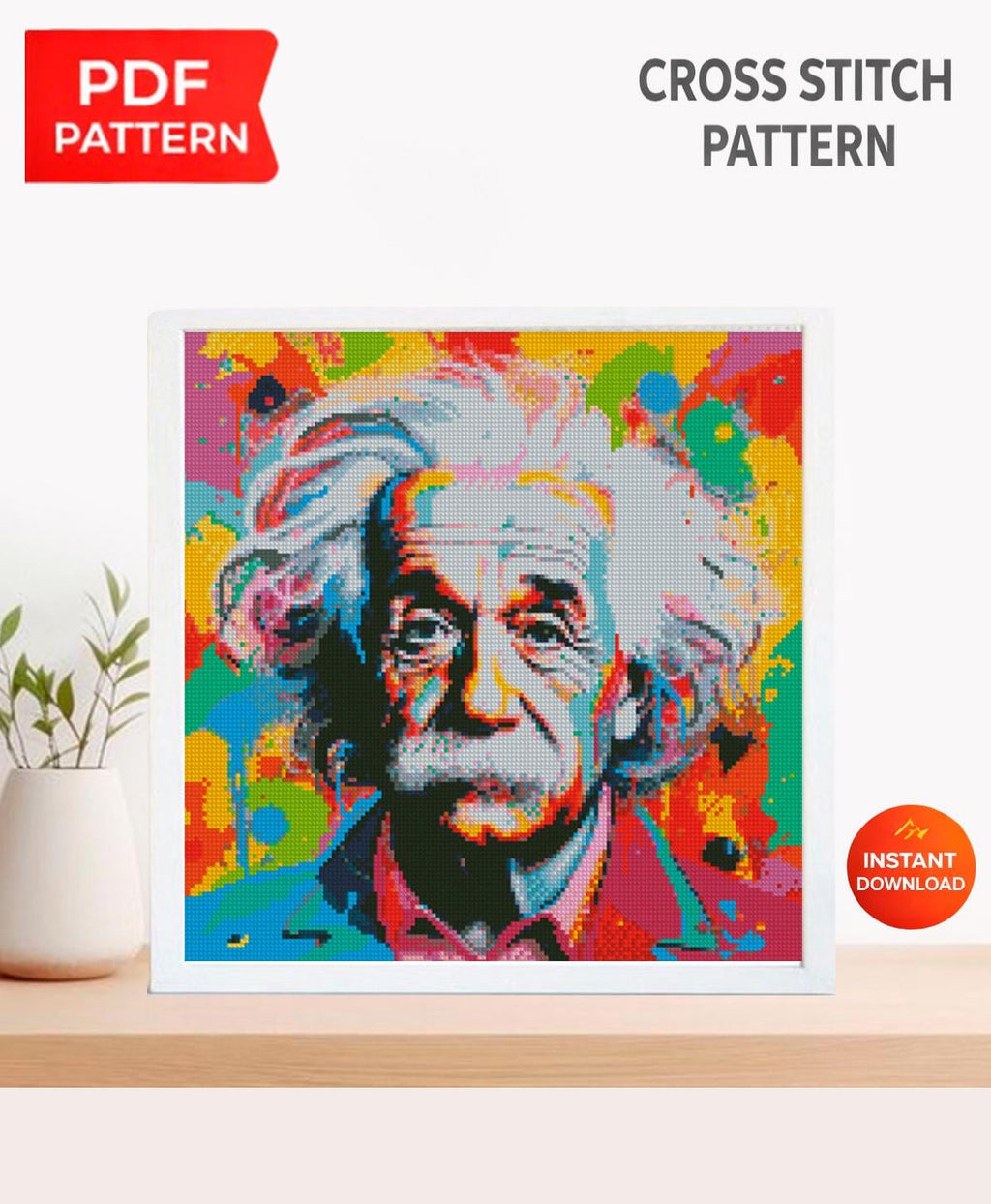 Albert Einstein Pop Art Cross Stitch Pattern PDF, Colorful Scientist Portrait Embroidery Design, Modern Intellectual Wall Art, download - NuttyHappyHobby