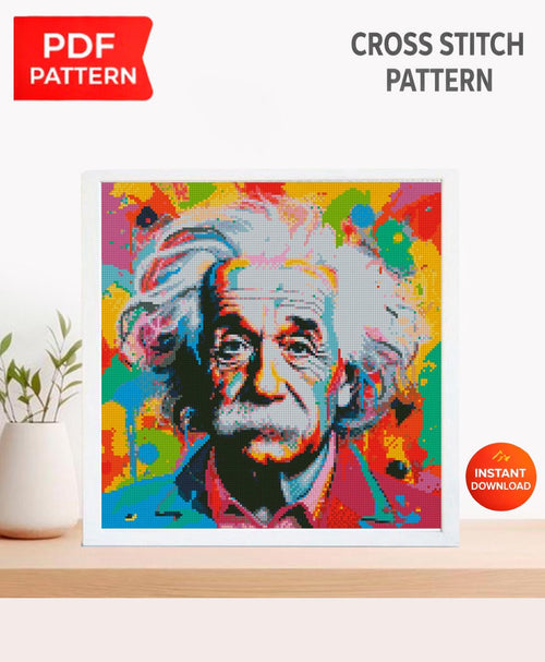 Albert Einstein Pop Art Cross Stitch Pattern PDF, Colorful Scientist Portrait Embroidery Design, Modern Intellectual Wall Art, download - NuttyHappyHobby