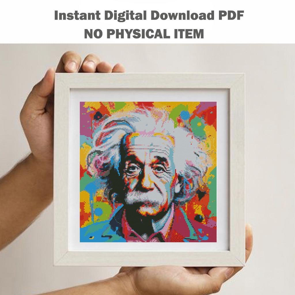 Albert Einstein Pop Art Cross Stitch Pattern PDF, Colorful Scientist Portrait Embroidery Design, Modern Intellectual Wall Art, download - NuttyHappyHobby