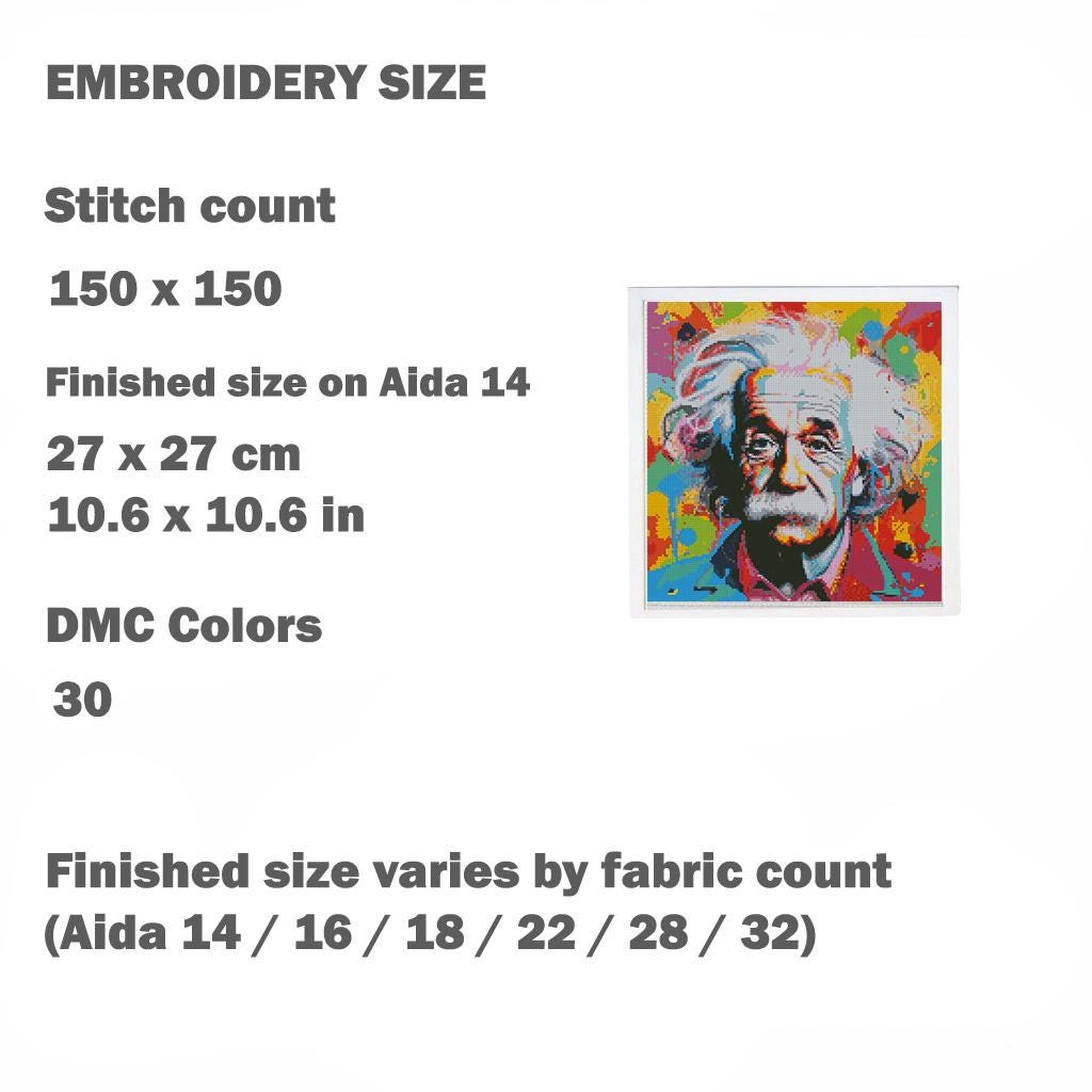 Albert Einstein Pop Art Cross Stitch Pattern PDF, Colorful Scientist Portrait Embroidery Design, Modern Intellectual Wall Art, download - NuttyHappyHobby