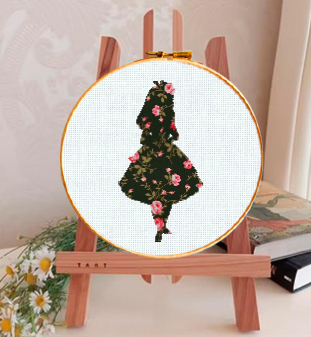 Alice in Wonderland Cross Stitch Pattern PDF, Floral Alice Silhouette Embroidery Design, Fairy Tale Needlework Pattern, Fantasy Cross Stitch - NuttyHappyHobby