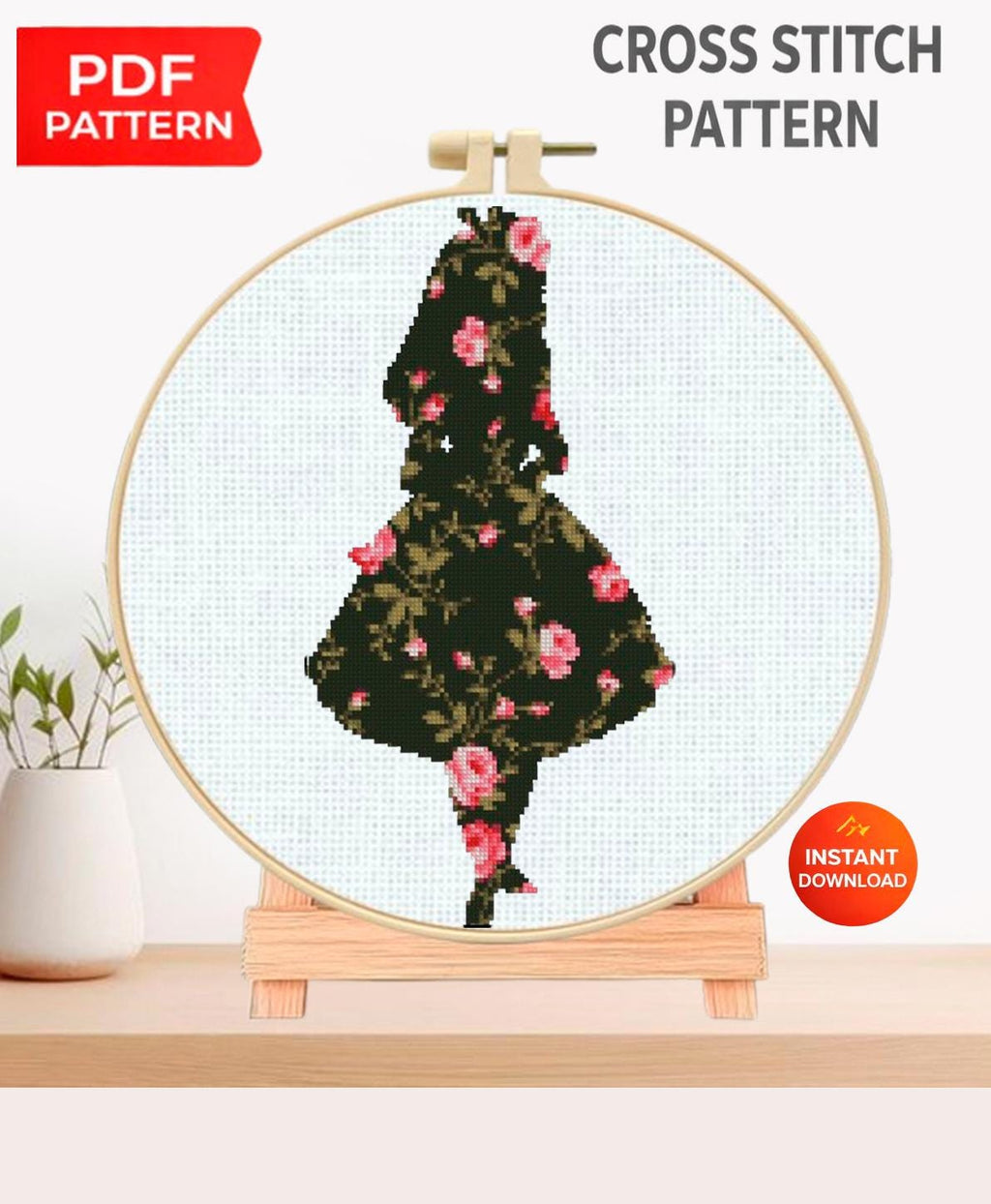 Alice in Wonderland Cross Stitch Pattern PDF, Floral Alice Silhouette Embroidery Design, Fairy Tale Needlework Pattern, Fantasy Cross Stitch - NuttyHappyHobby