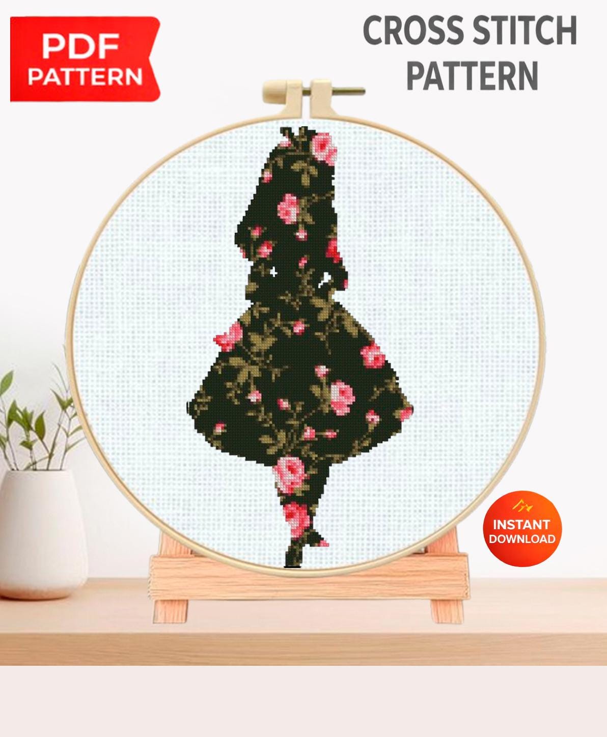 Alice in Wonderland Cross Stitch Pattern PDF, Floral Alice Silhouette Embroidery Design, Fairy Tale Needlework Pattern, Fantasy Cross Stitch - NuttyHappyHobby