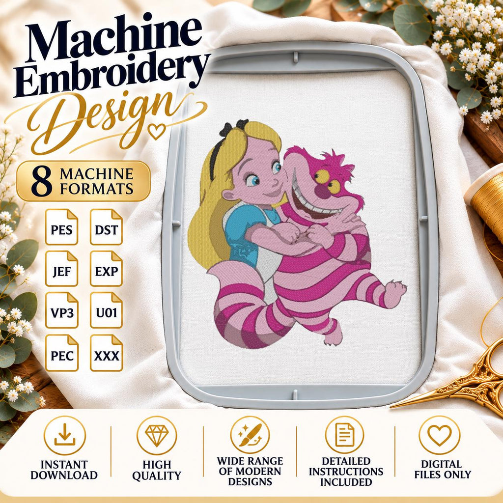 Alice in Wonderland Machine Embroidery Design, Cheshire Cat and Storybook Girl, Fantasy Cartoon PES DST JEF, Instant Download - NuttyHappyHobby