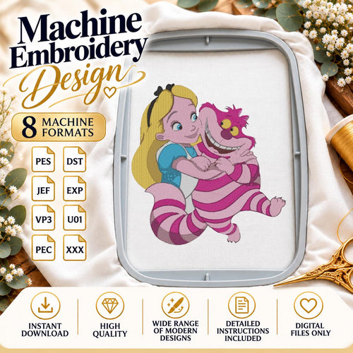Alice in Wonderland Machine Embroidery Design, Cheshire Cat and Storybook Girl, Fantasy Cartoon PES DST JEF, Instant Download - NuttyHappyHobby