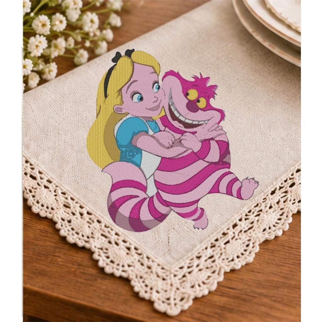 Alice in Wonderland Machine Embroidery Design, Cheshire Cat and Storybook Girl, Fantasy Cartoon PES DST JEF, Instant Download - NuttyHappyHobby
