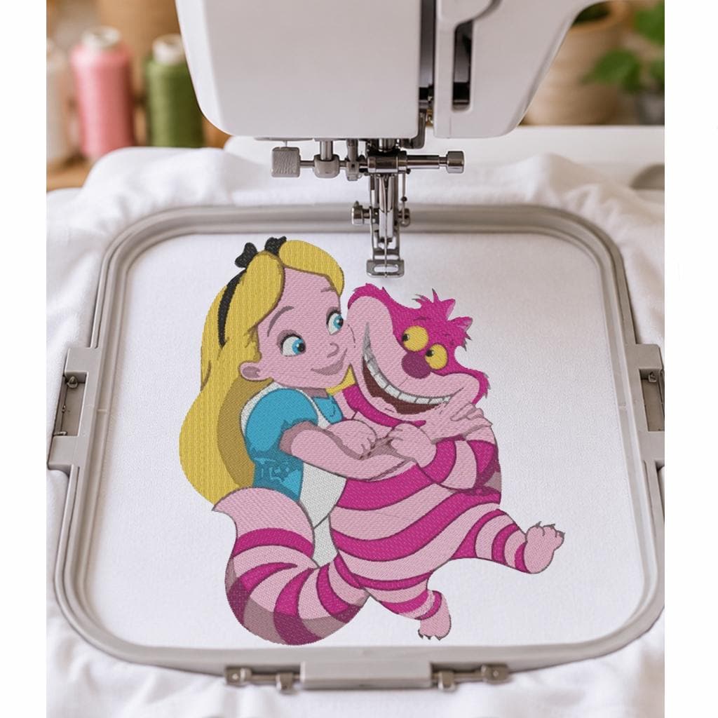 Alice in Wonderland Machine Embroidery Design, Cheshire Cat and Storybook Girl, Fantasy Cartoon PES DST JEF, Instant Download - NuttyHappyHobby