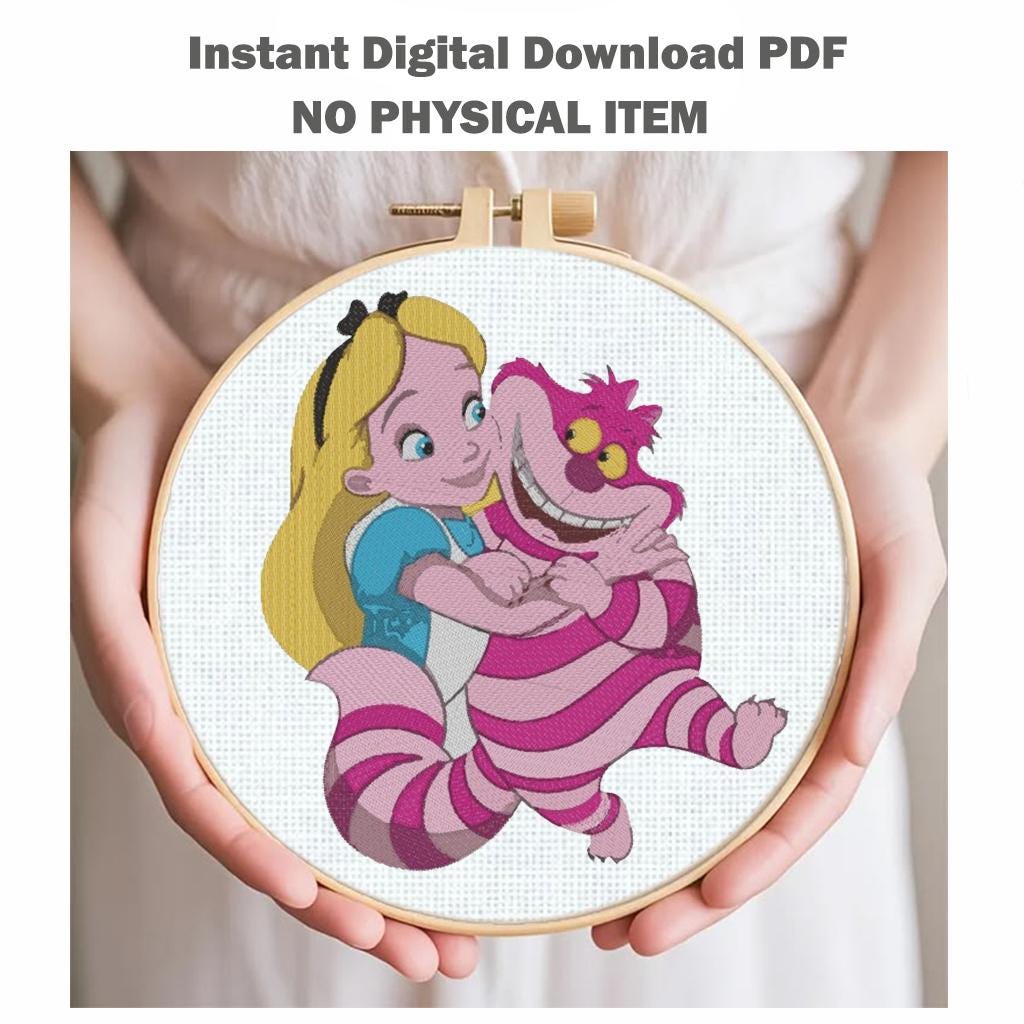 Alice in Wonderland Machine Embroidery Design, Cheshire Cat and Storybook Girl, Fantasy Cartoon PES DST JEF, Instant Download - NuttyHappyHobby