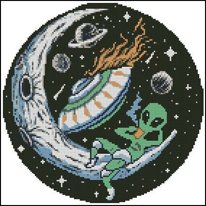 Alien UFO Cross Stitch Pattern PDF, Cute Space Alien Embroidery Design, UFO Abduction Cross Stitch Chart, Sci - Fi Galaxy Needlework download - NuttyHappyHobby