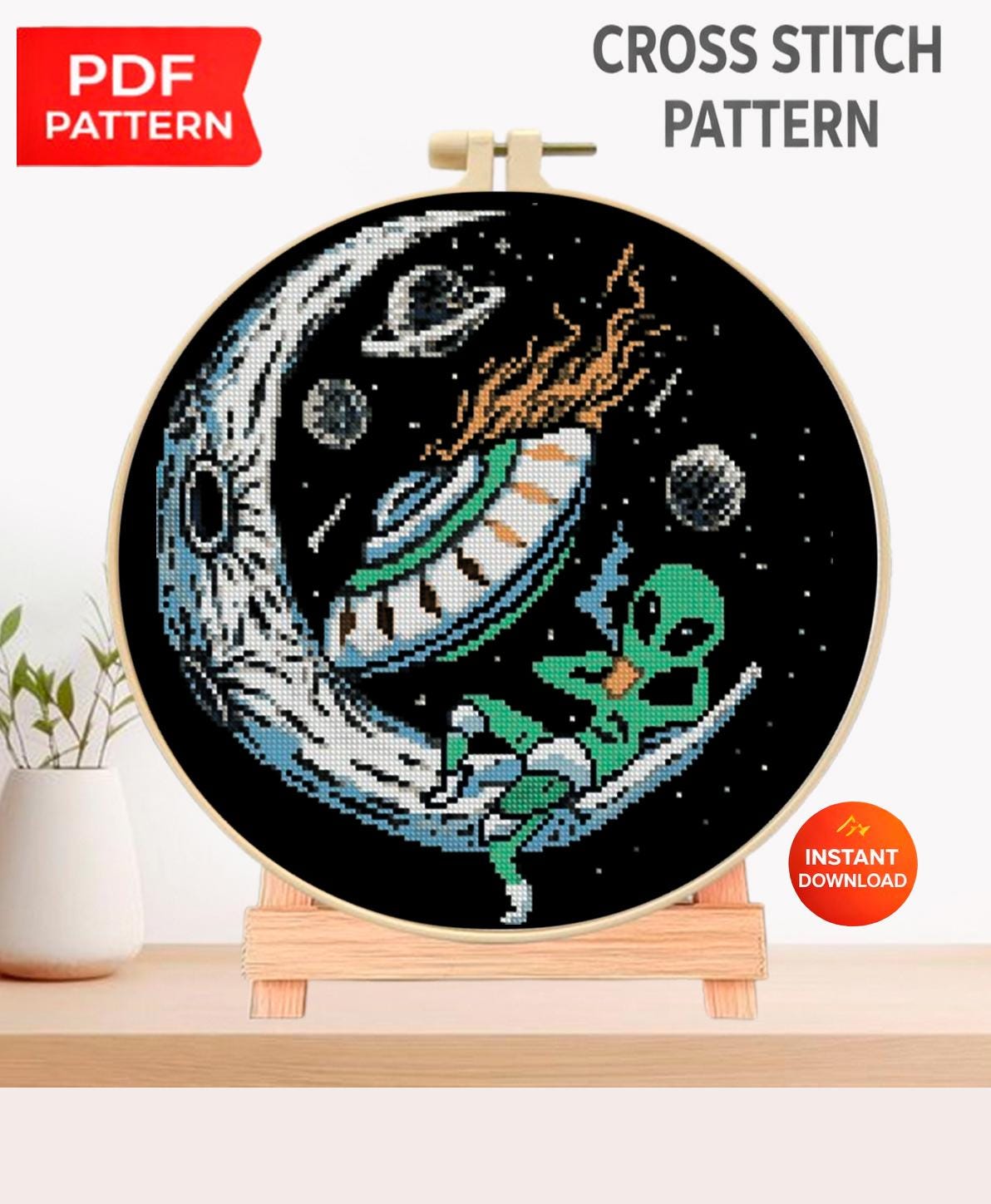 Alien UFO Cross Stitch Pattern PDF, Cute Space Alien Embroidery Design, UFO Abduction Cross Stitch Chart, Sci - Fi Galaxy Needlework download - NuttyHappyHobby