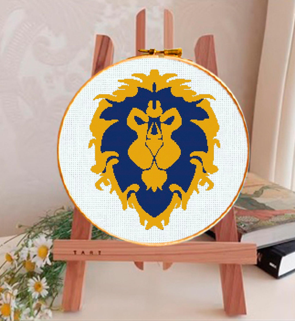 Alliance Lion Cross Stitch Pattern PDF, Fantasy Faction Emblem Embroidery Design, MMORPG Gamer Symbol Needlepoint Chart, download - NuttyHappyHobby
