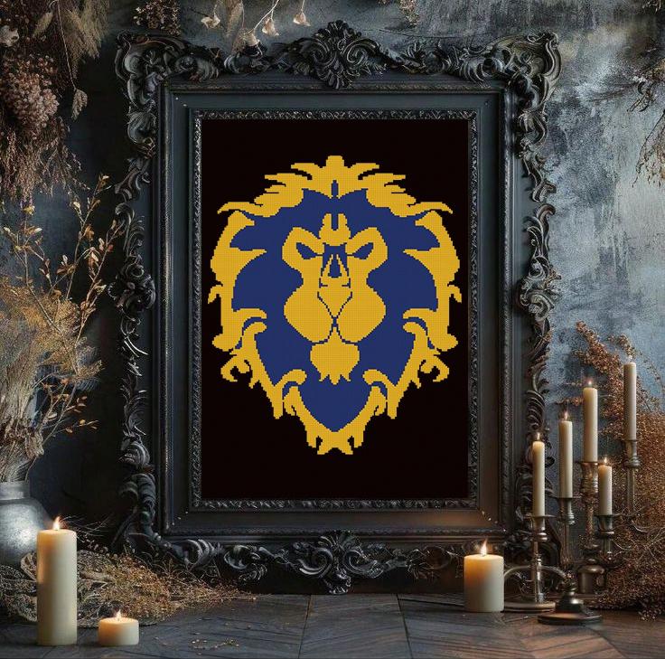 Alliance Lion Cross Stitch Pattern PDF, Fantasy Faction Emblem Embroidery Design, MMORPG Gamer Symbol Needlepoint Chart, download - NuttyHappyHobby