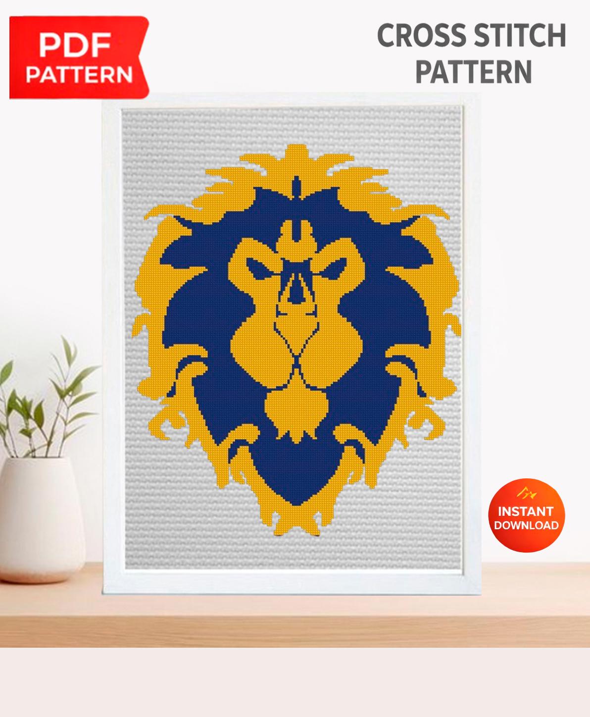 Alliance Lion Cross Stitch Pattern PDF, Fantasy Faction Emblem Embroidery Design, MMORPG Gamer Symbol Needlepoint Chart, download - NuttyHappyHobby