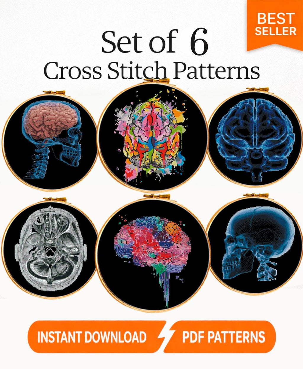 Anatomy Cross Stitch Pattern Bundle PDF, Brain Anatomy Embroidery Set, Gothic X Ray Medical Cross Stitch, Skull Neuroscience Art - NuttyHappyHobby
