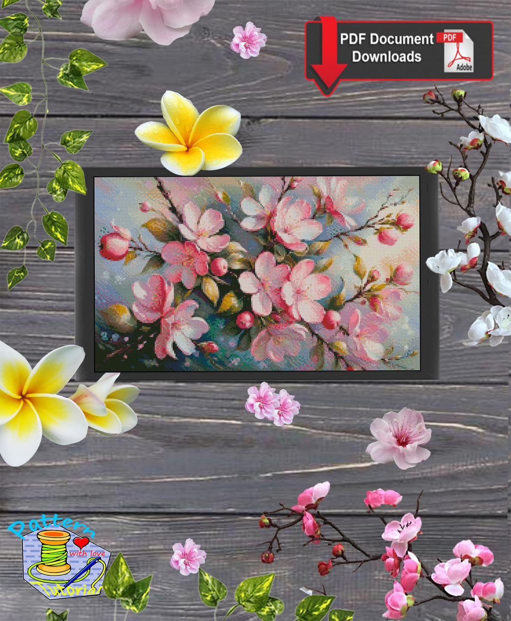 Apple Blossom Cross Stitch Pattern PDF, Cherry Blossom Floral Embroidery Chart, Spring Flower Wall Art, Botanical Cross Stitch, Download - NuttyHappyHobby