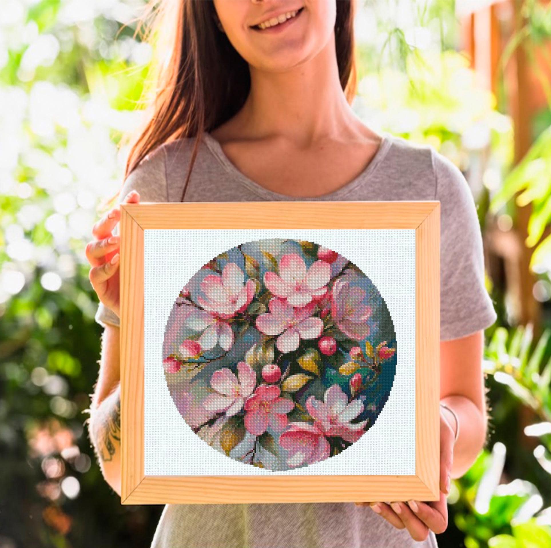 Apple Blossom Cross Stitch Pattern PDF, Pink Floral Hoop Design, Spring Flower Embroidery Chart, Cottagecore Wall Art, Instant Download - NuttyHappyHobby