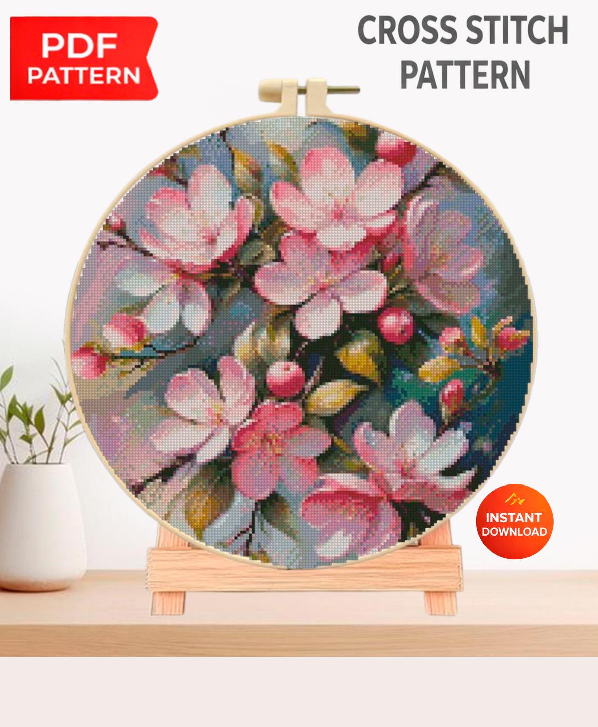 Apple Blossom Cross Stitch Pattern PDF, Pink Floral Hoop Design, Spring Flower Embroidery Chart, Cottagecore Wall Art, Instant Download - NuttyHappyHobby