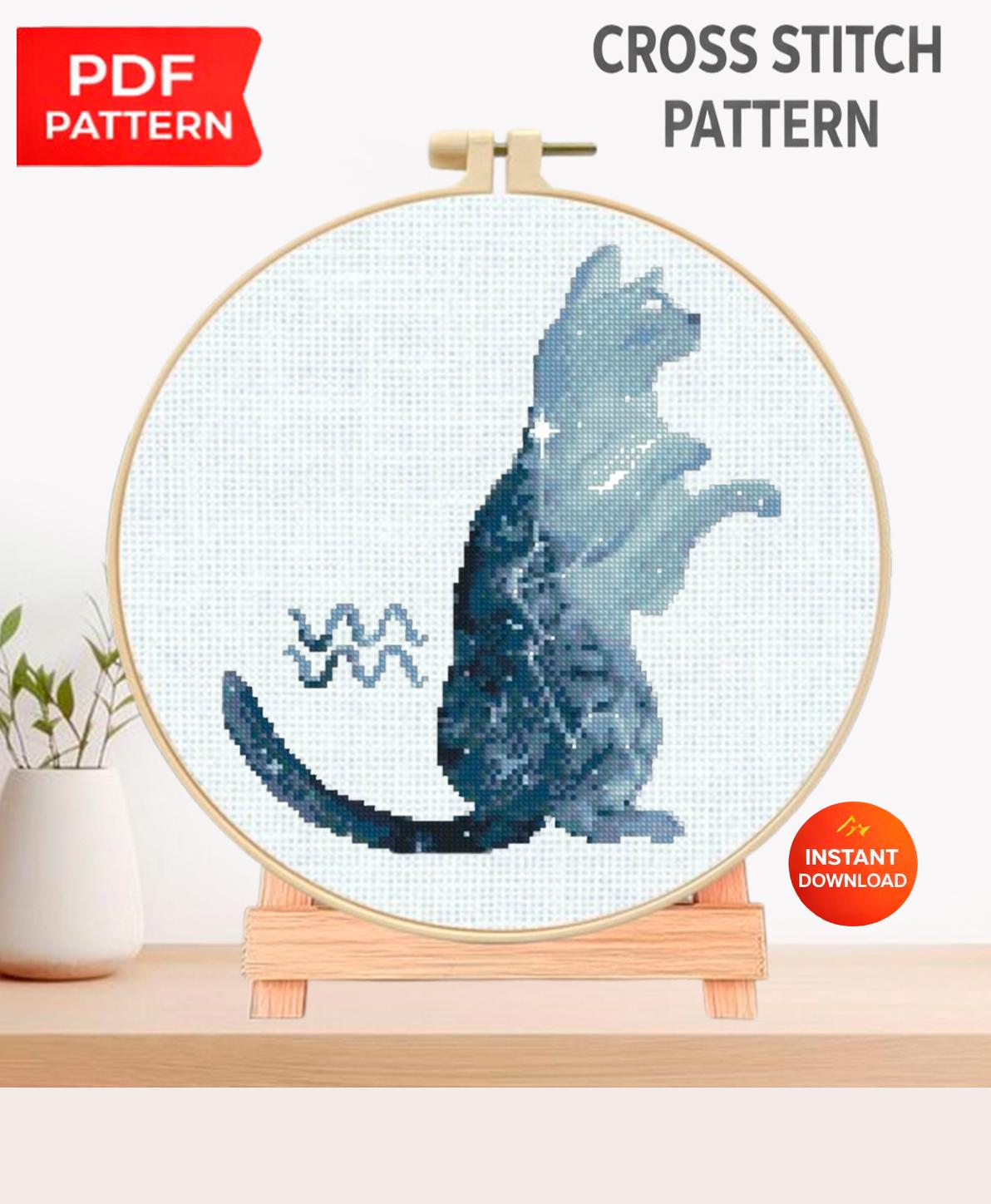 Aquarius Cat Cross Stitch Pattern PDF, Zodiac Cat Embroidery Design, Astrology Constellation Cross Stitch Chart, Horoscope Needlework - NuttyHappyHobby