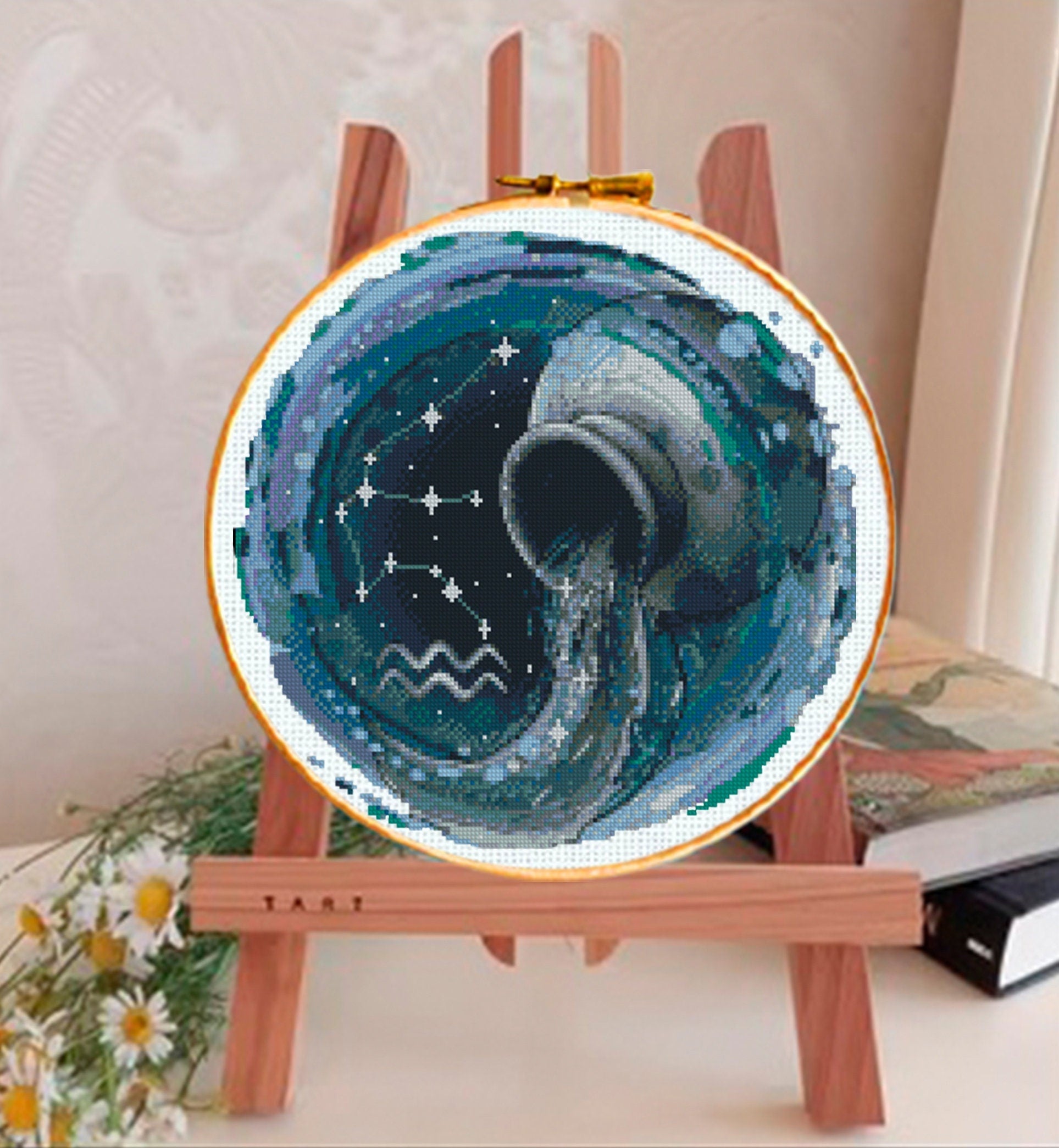 Aquarius Zodiac Cross Stitch Pattern PDF, Water Bearer Astrology Embroidery Design, Aquarius Constellation Cross Chart, Celestial Horoscope - NuttyHappyHobby