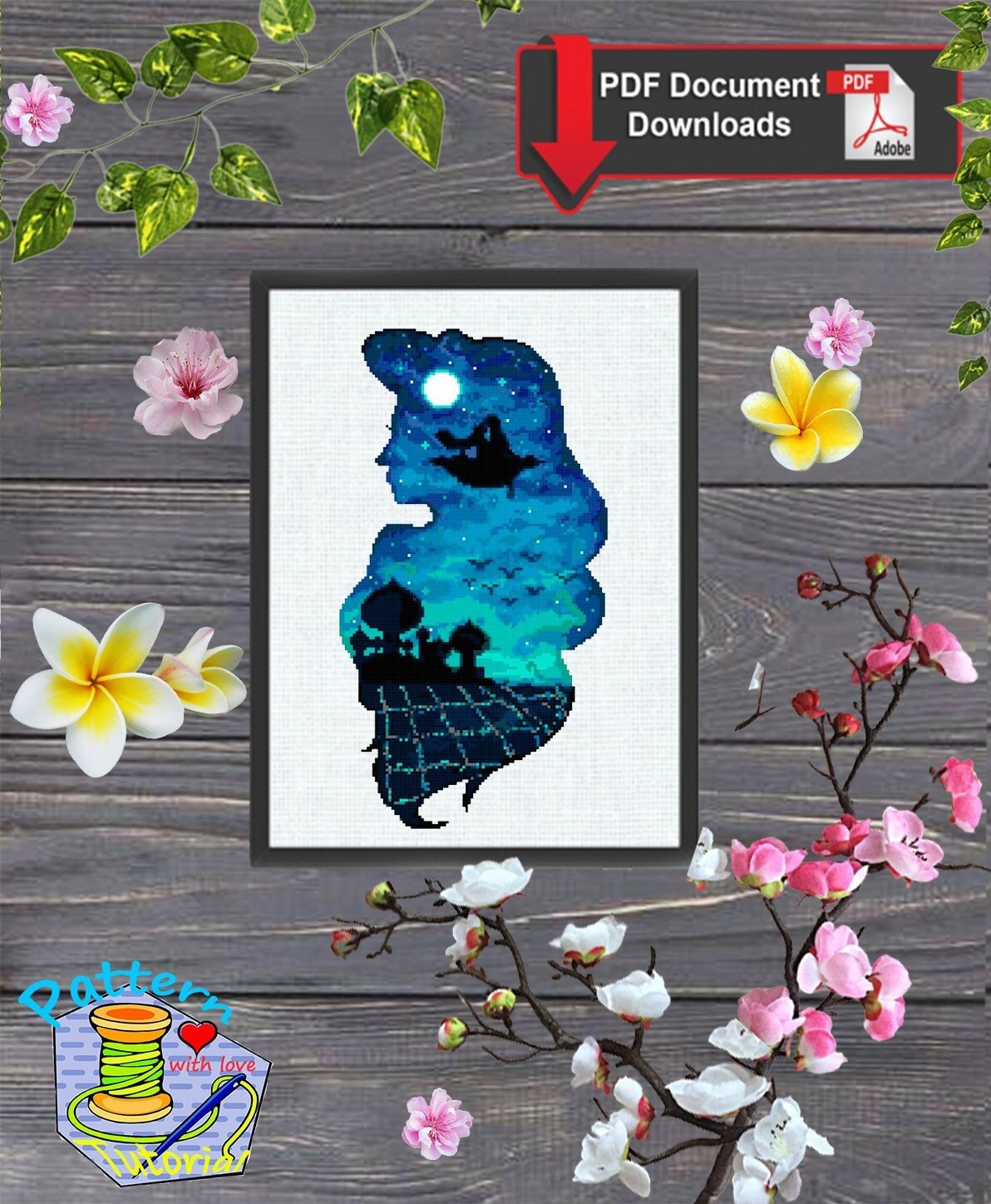Arabian Princess Cross Stitch Pattern PDF, Magic Lamp Fantasy Embroidery Design, Arabian Night Silhouette Needlework Pattern - NuttyHappyHobby