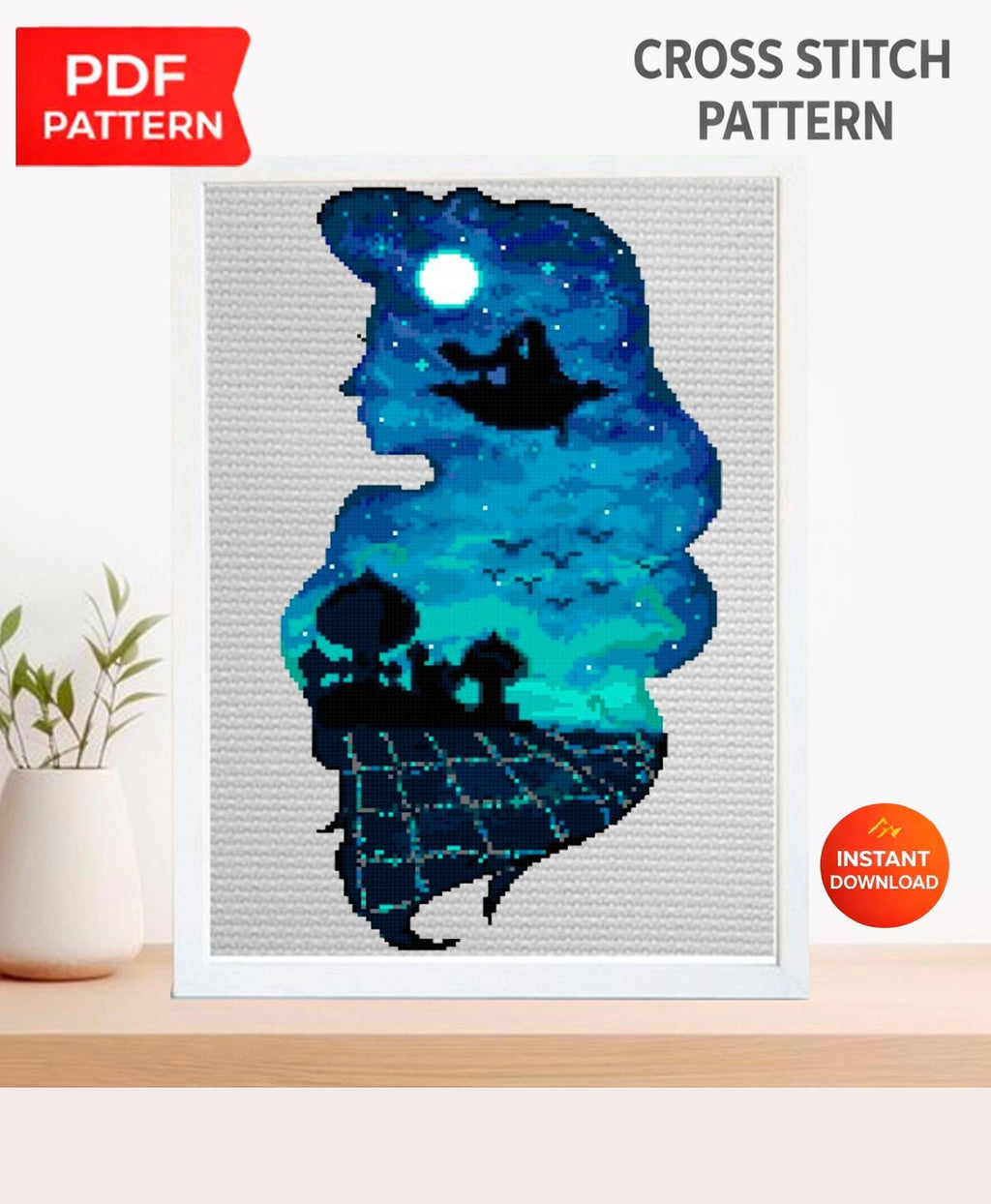 Arabian Princess Cross Stitch Pattern PDF, Magic Lamp Fantasy Embroidery Design, Arabian Night Silhouette Needlework Pattern - NuttyHappyHobby