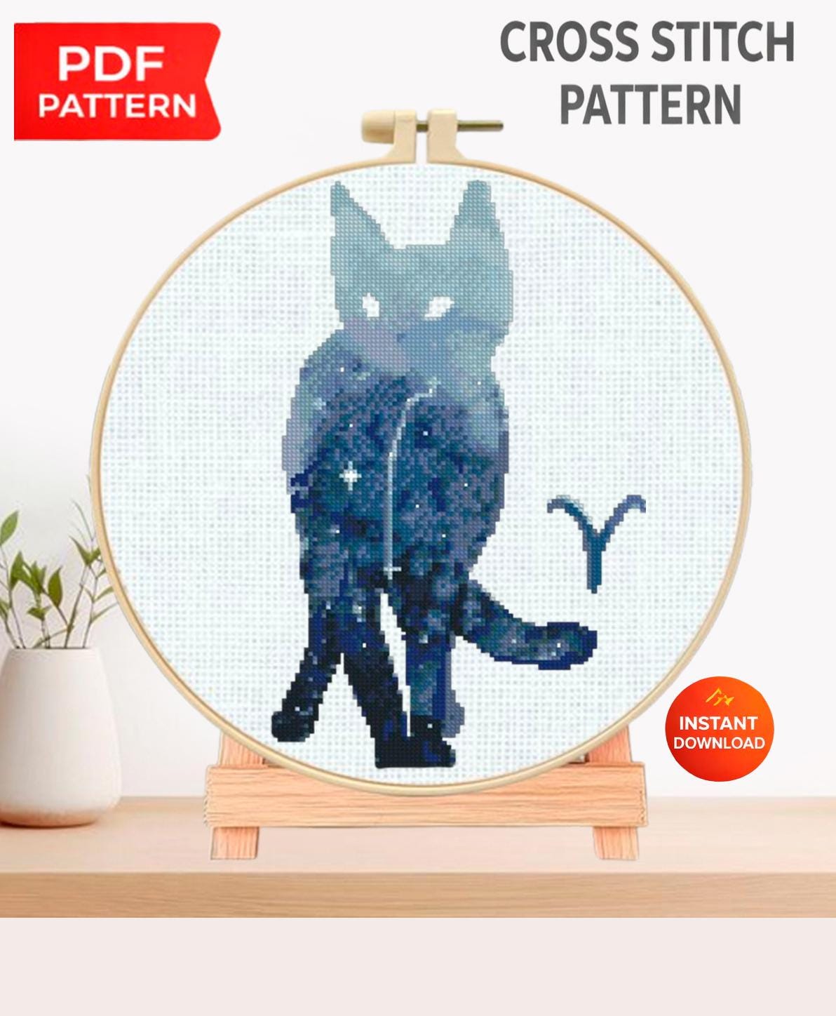Aries Cat Cross Stitch Pattern PDF, Zodiac Cat Embroidery Design, Astrology Constellation Cross Stitch Chart, Horoscope Needlework, download - NuttyHappyHobby