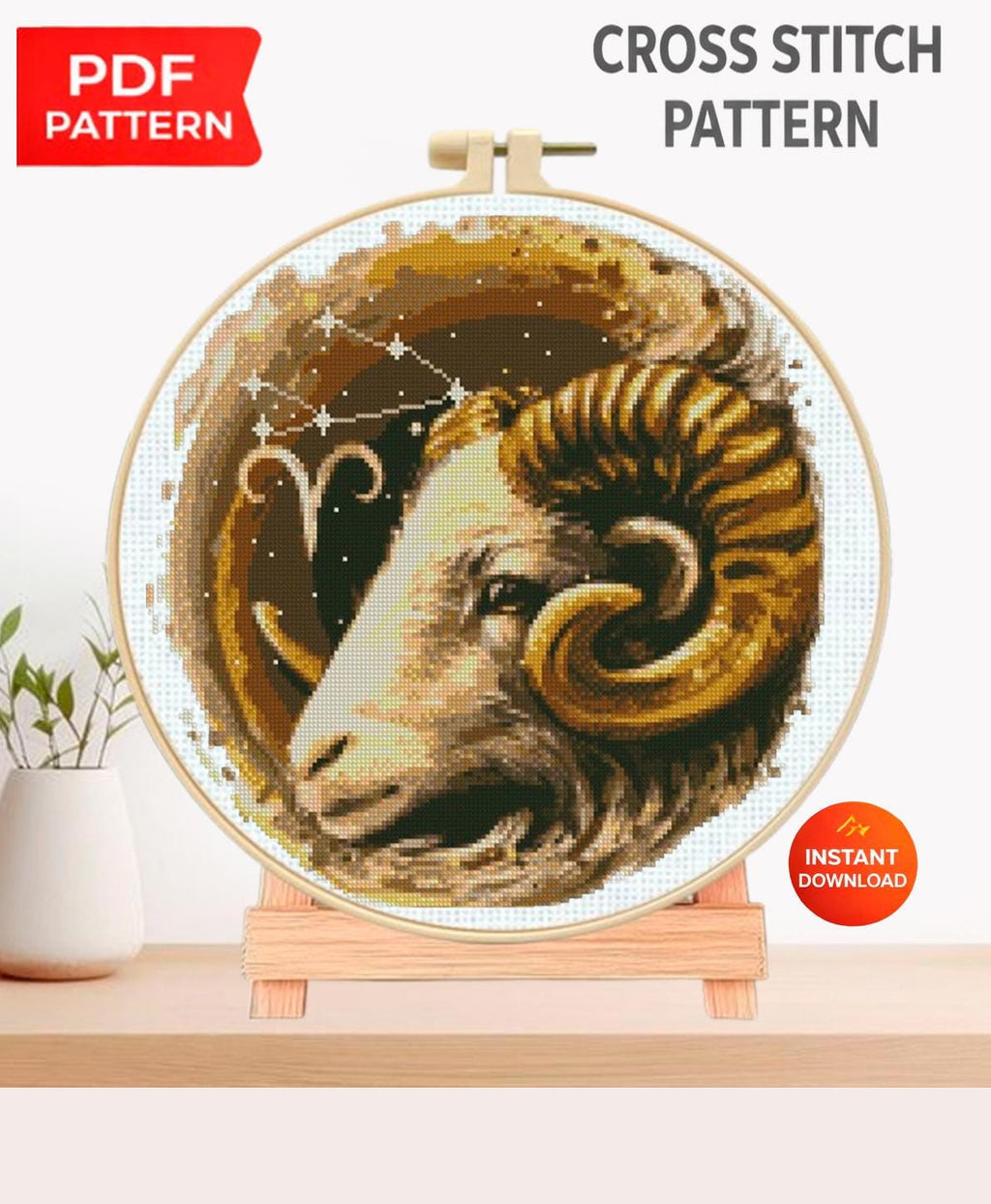 Aries Zodiac Cross Stitch Pattern PDF, Ram Astrology Embroidery Design, Aries Constellation Stitch Chart, Celestial Horoscope Needlework - NuttyHappyHobby