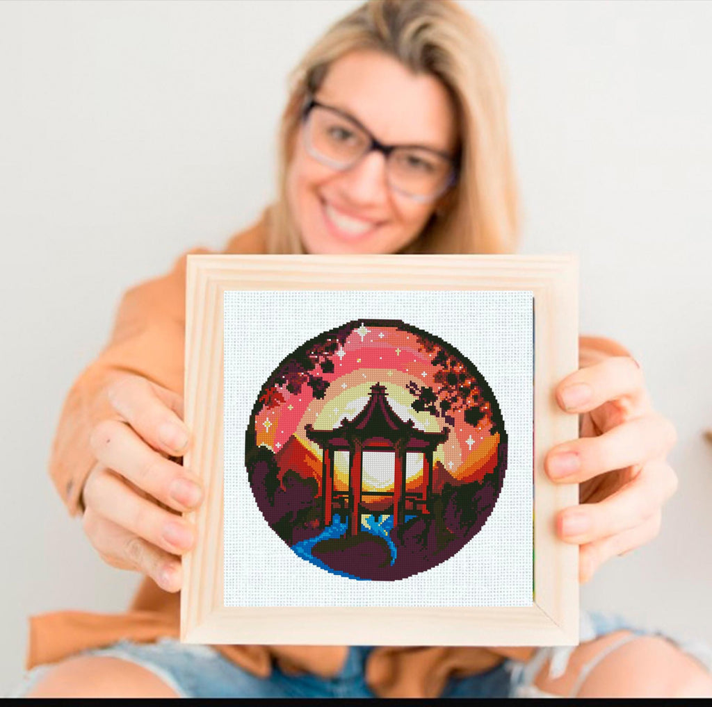 Asian Pavilion Cross Stitch Pattern PDF, Japanese Garden Sunset Embroidery Design, Oriental Landscape Cross Stitch Digital Download pdf - NuttyHappyHobby