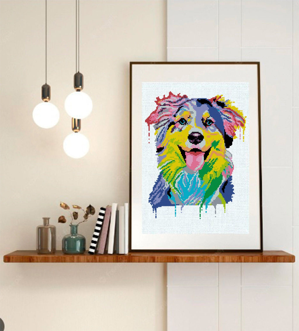 Australian Shepherd Cross Stitch Pattern PDF, Colorful Aussie Dog Embroidery Design, Modern Dog Portrait Needlework Chart, Dog Lover Gift - NuttyHappyHobby