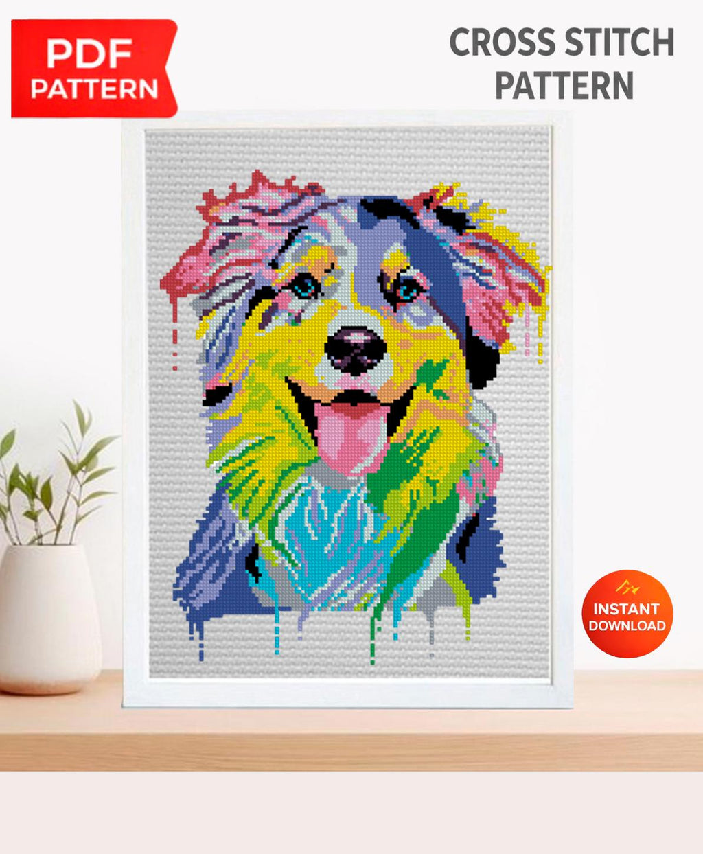 Australian Shepherd Cross Stitch Pattern PDF, Colorful Aussie Dog Embroidery Design, Modern Dog Portrait Needlework Chart, Dog Lover Gift - NuttyHappyHobby