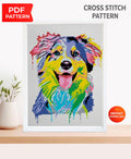 Australian Shepherd Cross Stitch Pattern PDF, Colorful Aussie Dog Embroidery Design, Modern Dog Portrait Needlework Chart, Dog Lover Gift - NuttyHappyHobby