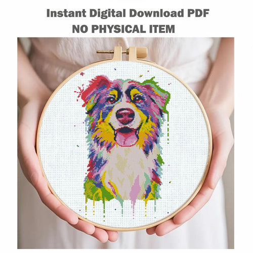 Australian Shepherd Cross Stitch Pattern PDF, Colorful Aussie Dog Portrait Embroidery Design, Modern Dog Needlework Chart, Dog Lover Gift - NuttyHappyHobby