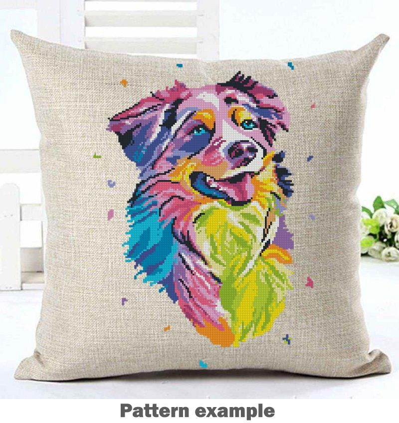 Australian Shepherd Cross Stitch Pattern PDF, Colorful Aussie Dog Portrait Embroidery Design, Modern Dog Needlework Chart, Dog Lover Gift - NuttyHappyHobby