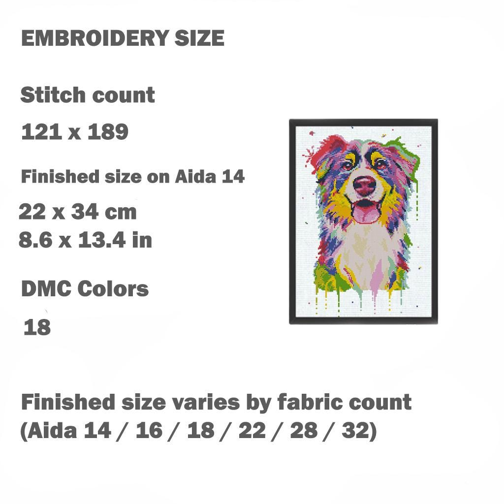 Australian Shepherd Cross Stitch Pattern PDF, Colorful Aussie Dog Portrait Embroidery Design, Modern Dog Needlework Chart, Dog Lover Gift - NuttyHappyHobby