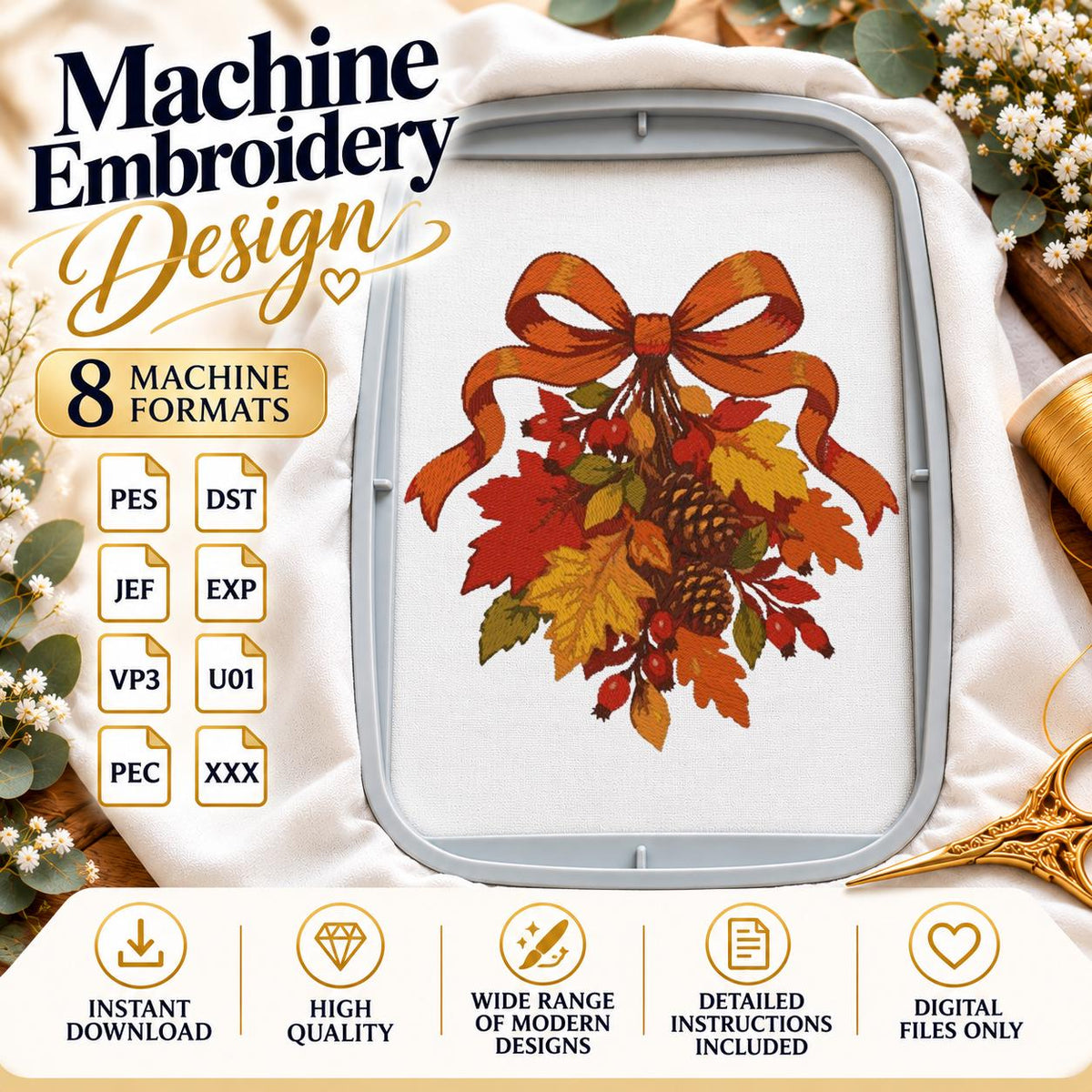 Autumn Bow Machine Embroidery Design, Fall Leaves Pinecones Red Berries, Thanksgiving PES DST JEF Embroidery File, Instant Download - NuttyHappyHobby
