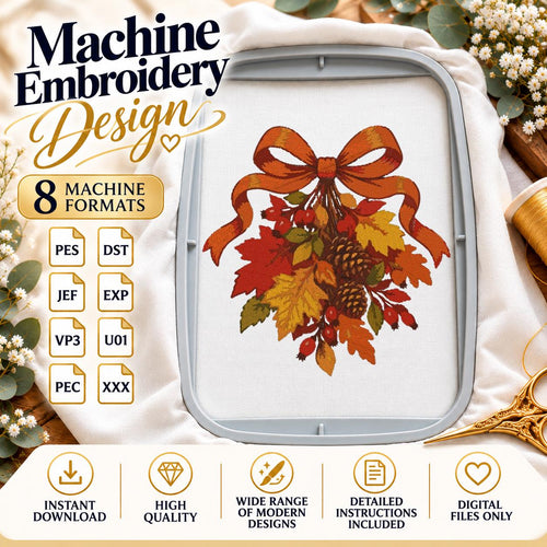 Autumn Bow Machine Embroidery Design, Fall Leaves Pinecones Red Berries, Thanksgiving PES DST JEF Embroidery File, Instant Download - NuttyHappyHobby
