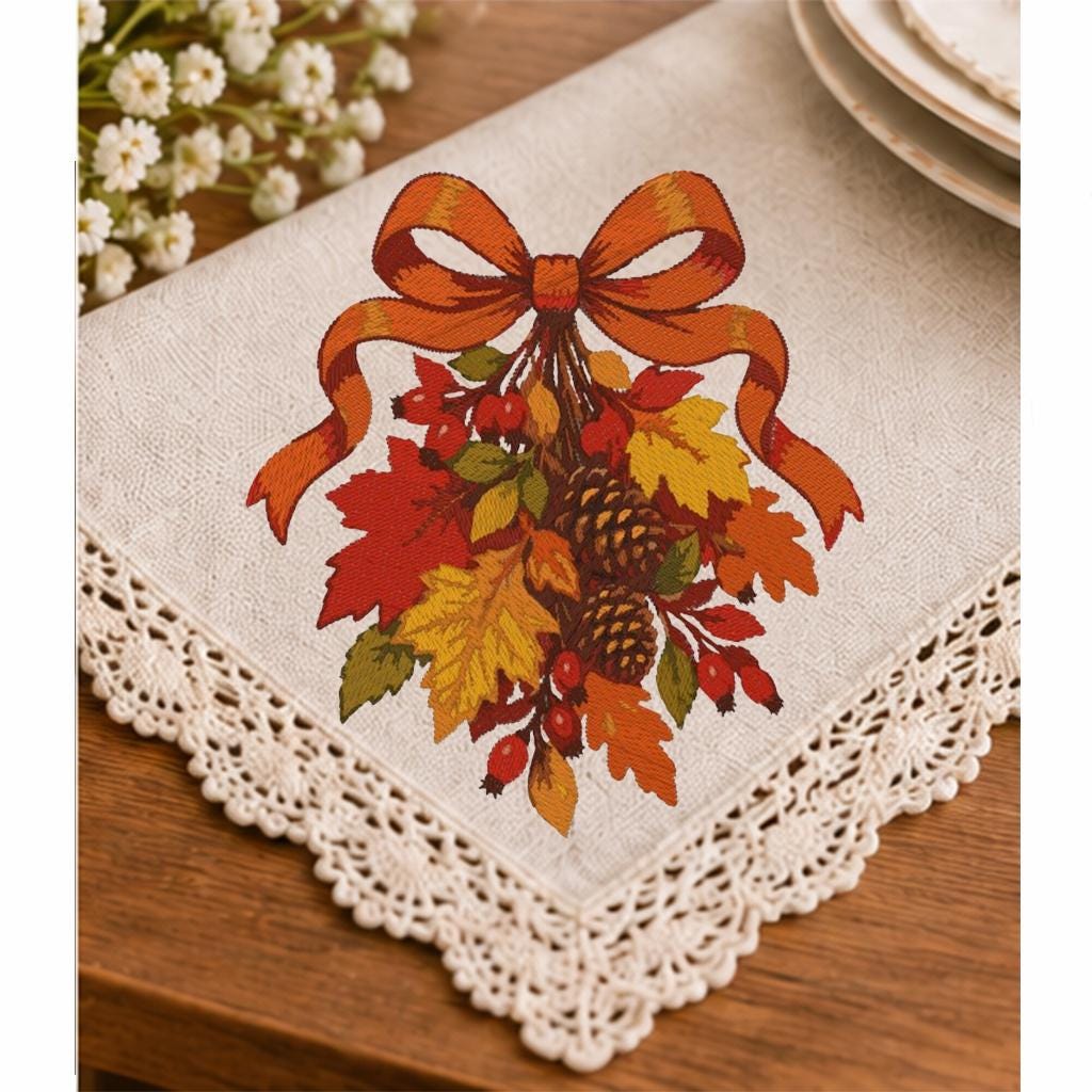 Autumn Bow Machine Embroidery Design, Fall Leaves Pinecones Red Berries, Thanksgiving PES DST JEF Embroidery File, Instant Download - NuttyHappyHobby