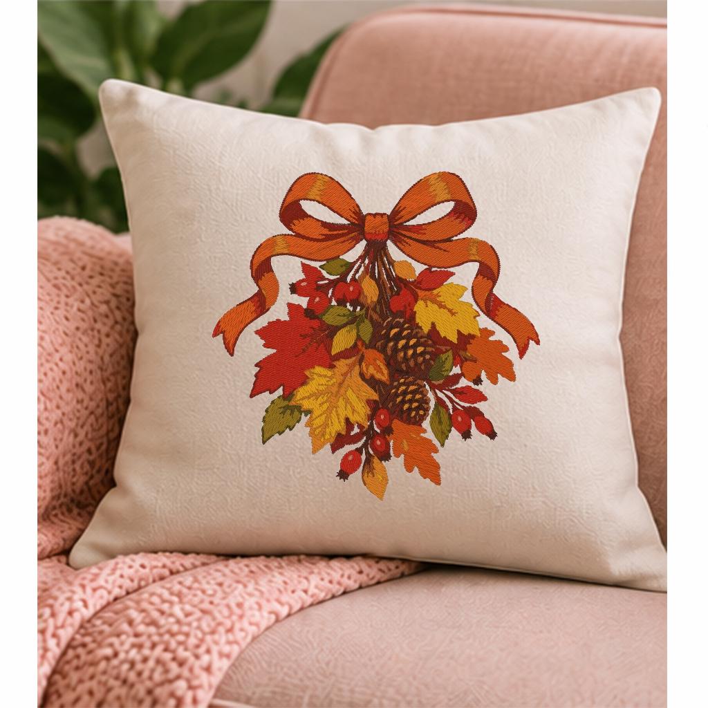 Autumn Bow Machine Embroidery Design, Fall Leaves Pinecones Red Berries, Thanksgiving PES DST JEF Embroidery File, Instant Download - NuttyHappyHobby
