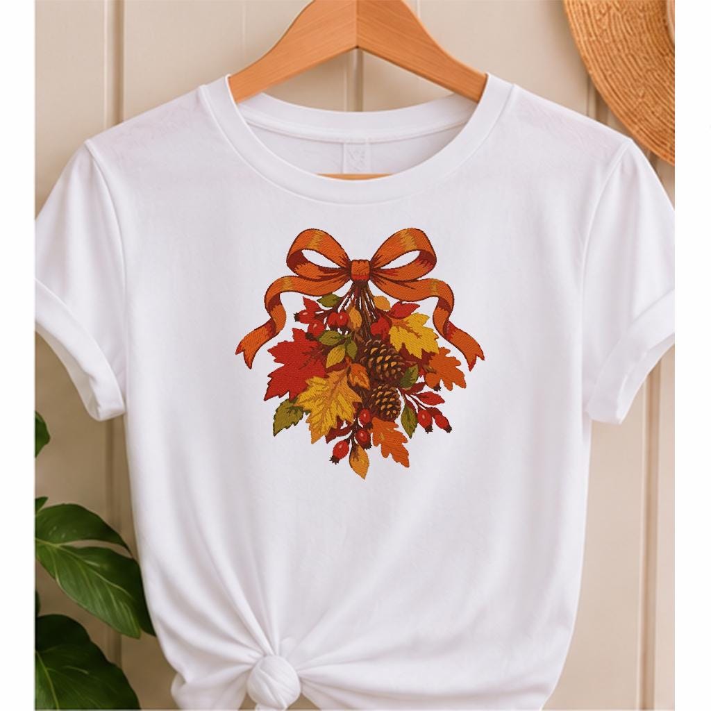 Autumn Bow Machine Embroidery Design, Fall Leaves Pinecones Red Berries, Thanksgiving PES DST JEF Embroidery File, Instant Download - NuttyHappyHobby