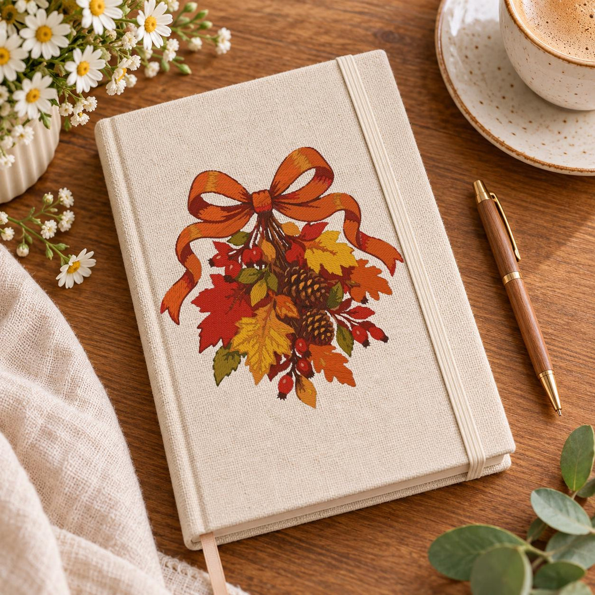 Autumn Bow Machine Embroidery Design, Fall Leaves Pinecones Red Berries, Thanksgiving PES DST JEF Embroidery File, Instant Download - NuttyHappyHobby