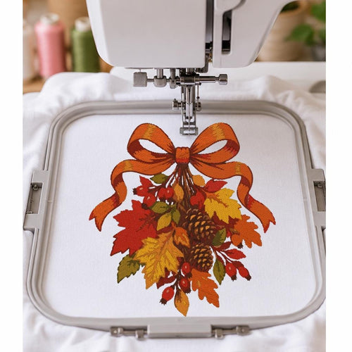 Autumn Bow Machine Embroidery Design, Fall Leaves Pinecones Red Berries, Thanksgiving PES DST JEF Embroidery File, Instant Download - NuttyHappyHobby