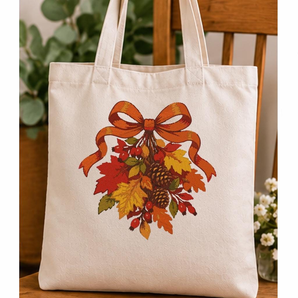 Autumn Bow Machine Embroidery Design, Fall Leaves Pinecones Red Berries, Thanksgiving PES DST JEF Embroidery File, Instant Download - NuttyHappyHobby