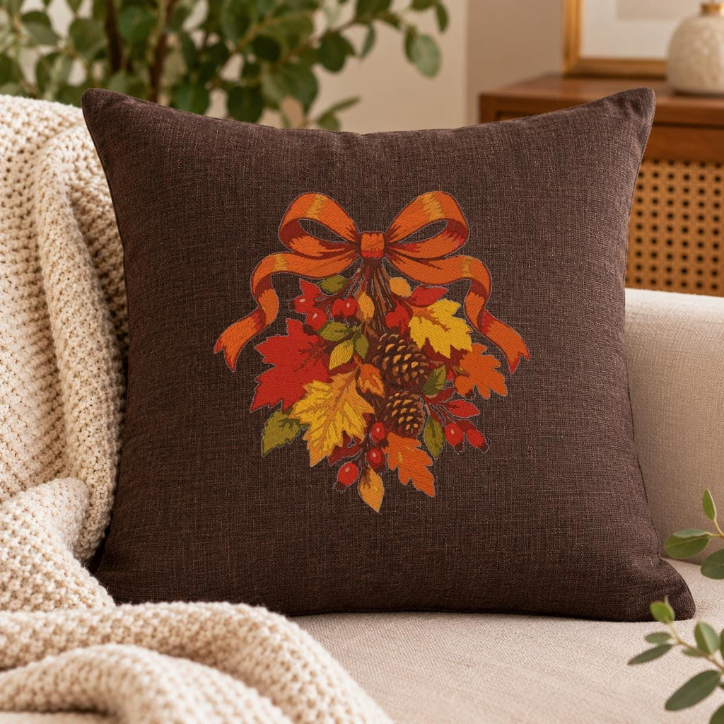 Autumn Bow Machine Embroidery Design, Fall Leaves Pinecones Red Berries, Thanksgiving PES DST JEF Embroidery File, Instant Download - NuttyHappyHobby